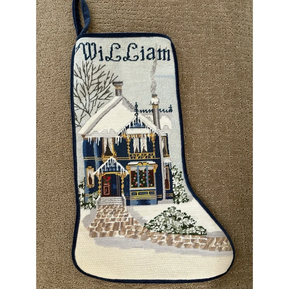 Vtg Needlepoint Stocking Christmas Blue Velvet Backed 20 